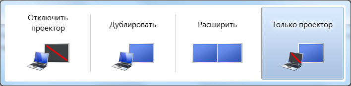 У Windows 10, Windows 8 і Windows 10 досить натиснути клавіші Win + P, і вибрати один з трьох варіантів виведення зображення: Дублювати, Розширити, Тільки проектор
